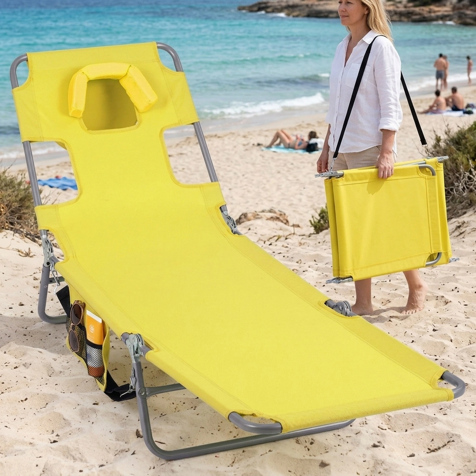 SUGIFT Folding Tanning Chair with Face and Arm Holes, 5-Position Backrest, Quick-Dry Yellow Fabric