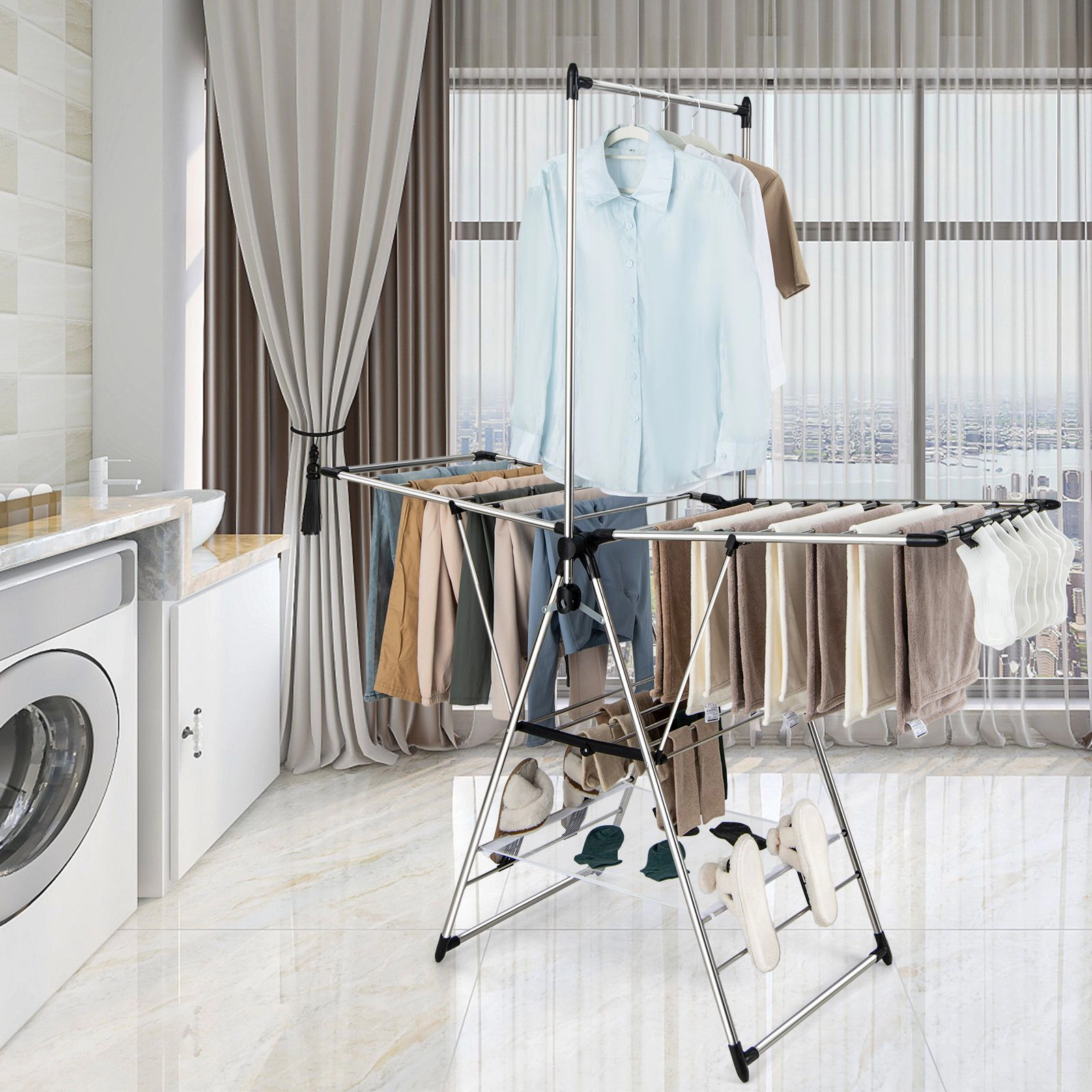 SlickBlue Folding Clothes Drying Rack, Adjustable Wings, 3-Tier