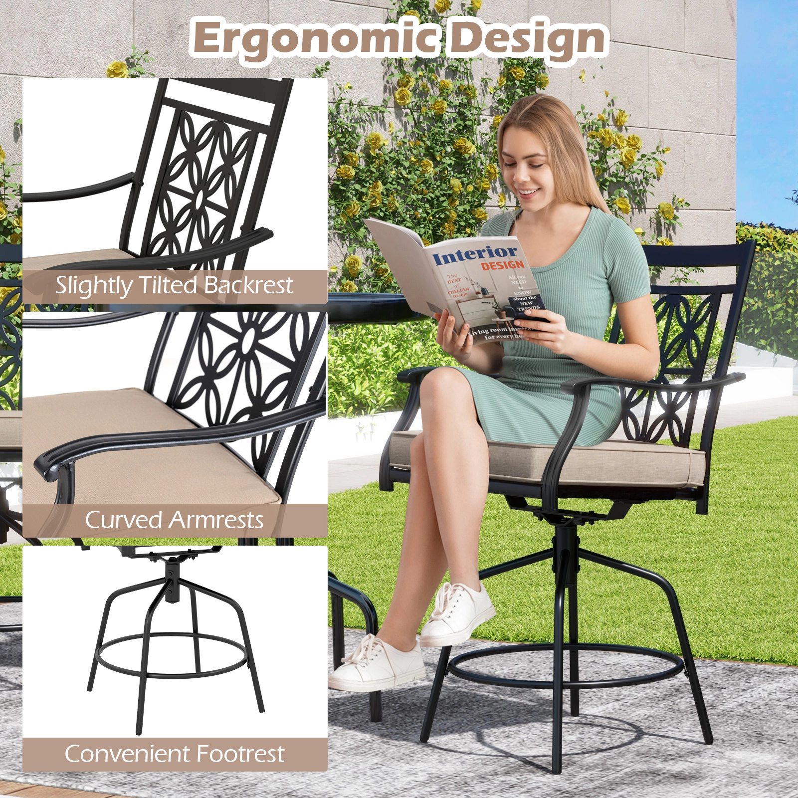 SUGIFT Set of 2 Brown Outdoor Swivel Bar Stools, 350 lb Capacity, Cushions and Armrests