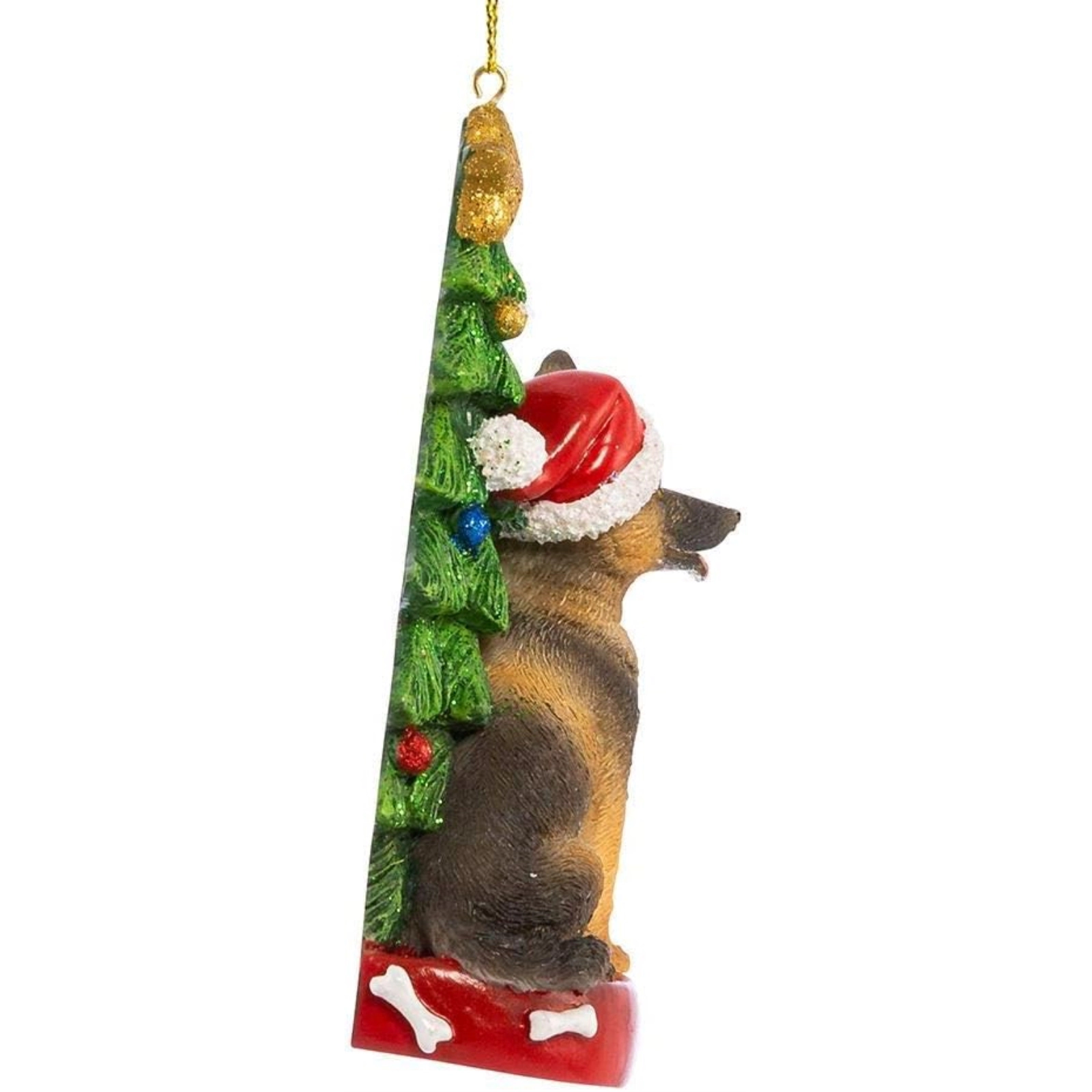 Kurt Adler German Shepherd Dog Wearing Santa Hat with Christmas Tree Resin Ornament 4.25 inch