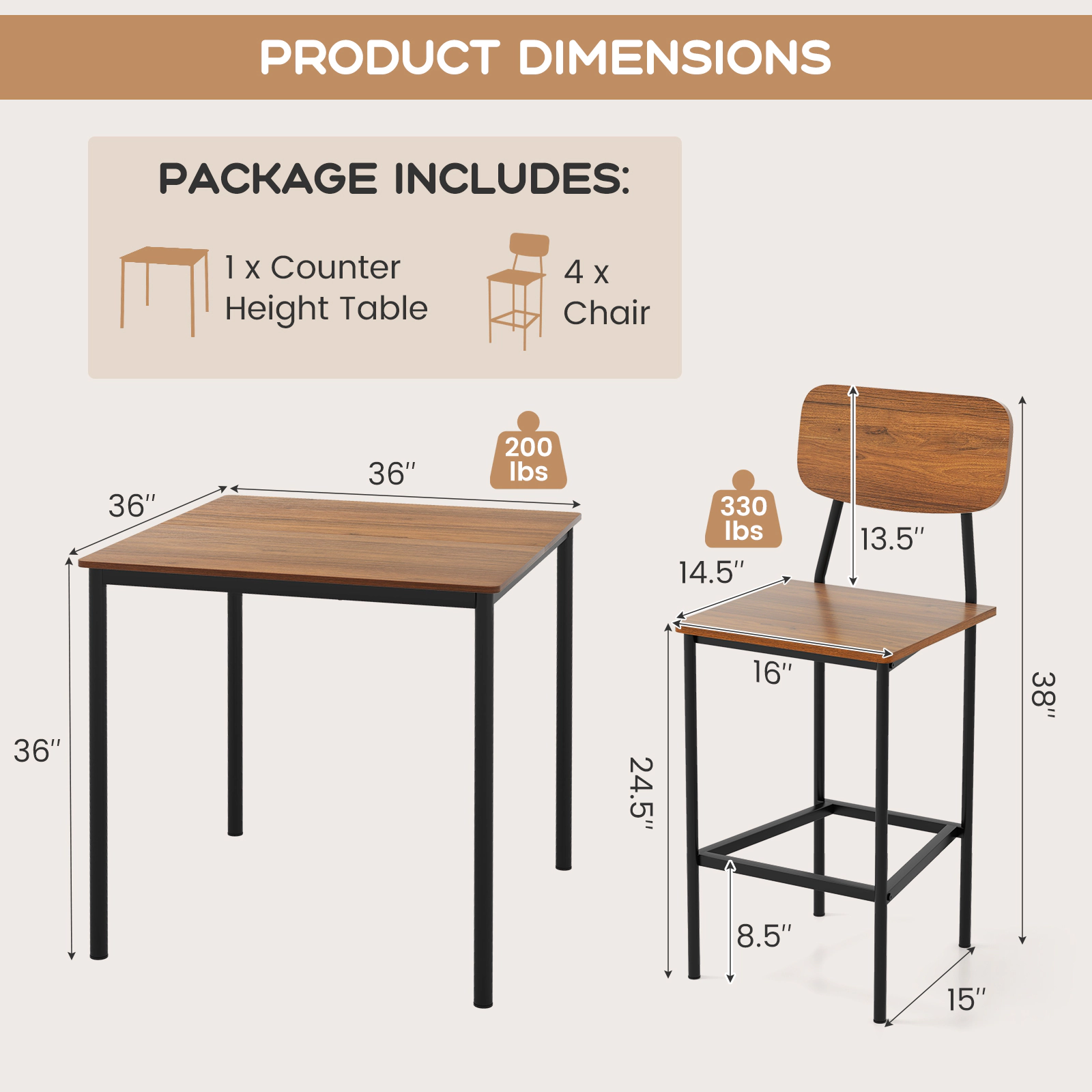 SUGIFT 5-Piece Industrial Counter-Height Dining Set with 36-in Square Top and 4 Bar Stools 300-lb Capacity Walnut