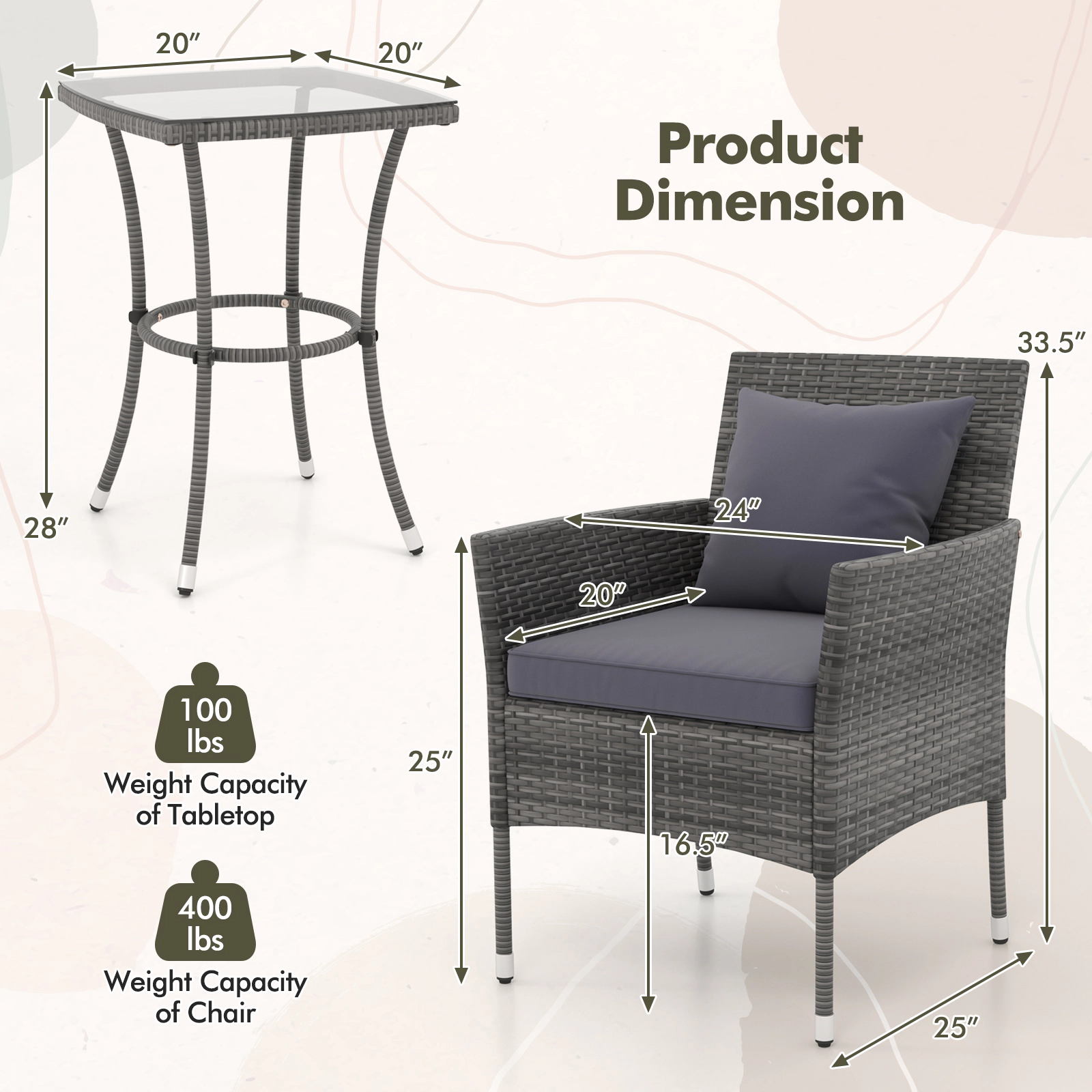 SUGIFT PE Rattan Patio Conversation Set with Cushioned Chairs and Tempered Glass Table 400-lb Chair Capacity Mix Gray