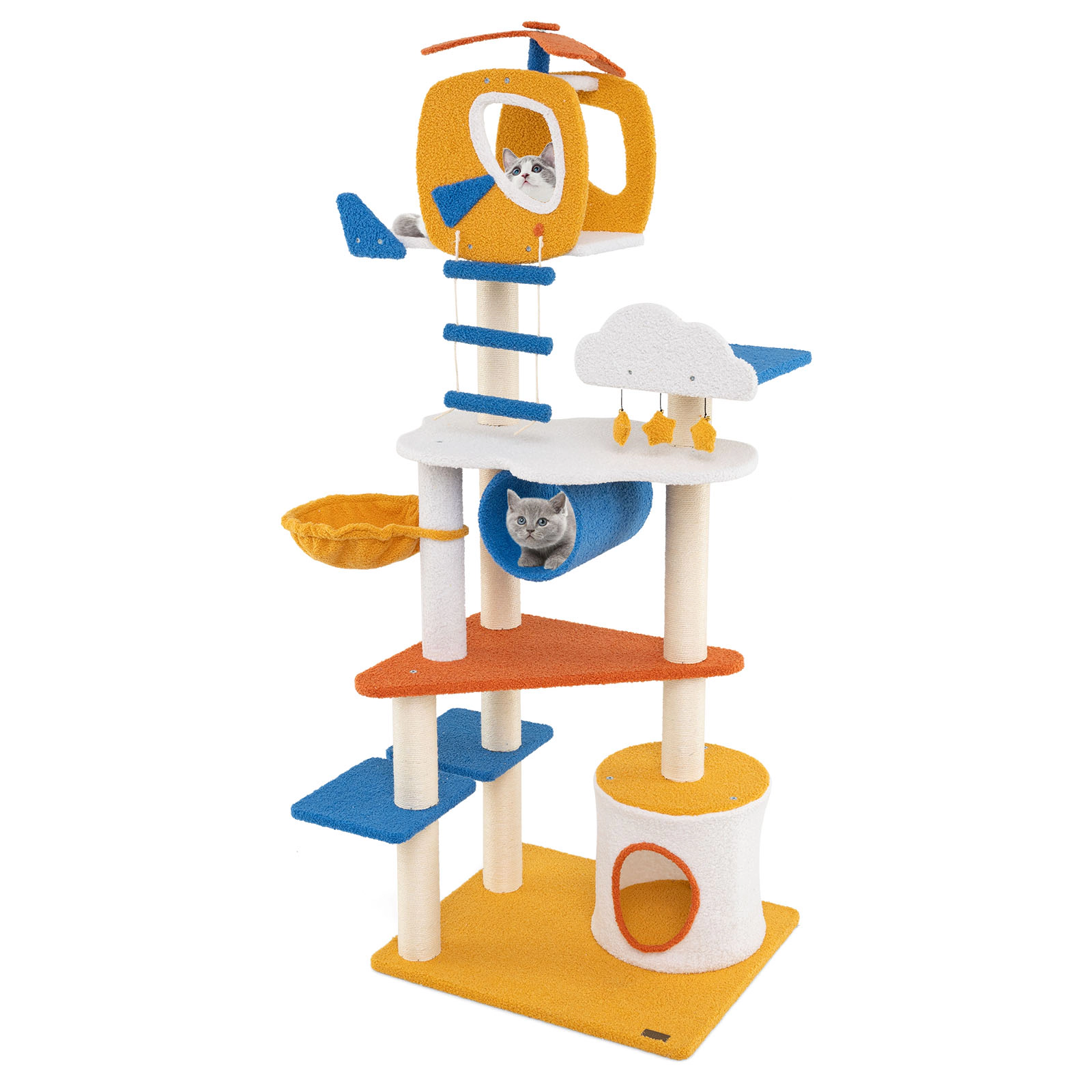 Glintex 70-Inch Aviation Cat Tree with Helicopter Perch Rotatable Basket and Tunnel, Blue
