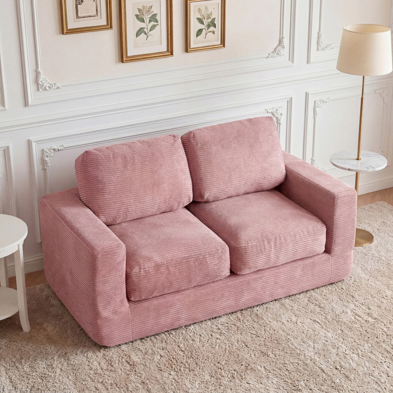 SUGIFT 2-Seater Floor Couch Loveseat Foam Sofa with Removable Corduroy Cover 660-lb Capacity 62-in Frame Pink