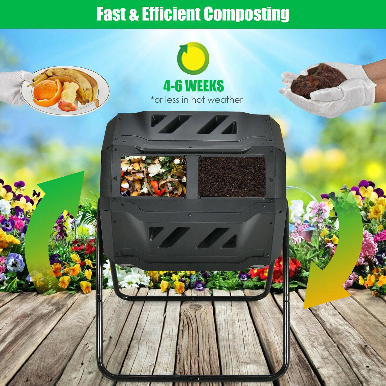 SUGIFT Dual-Chamber Rotating Composting Tumbler Bin 43-Gallon Capacity 37-in Tall Black/Green