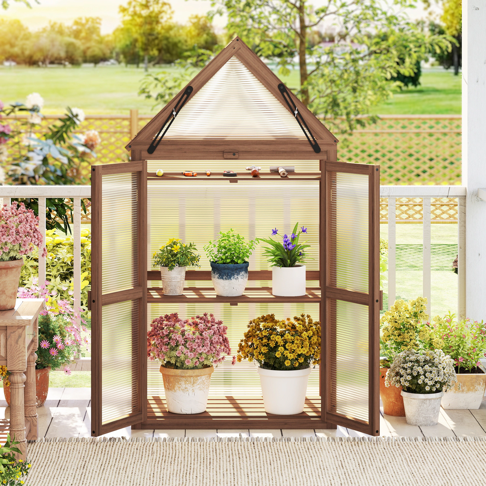 LJG Cold Frame Mini Wooden Greenhouse for Vegetable and Flower