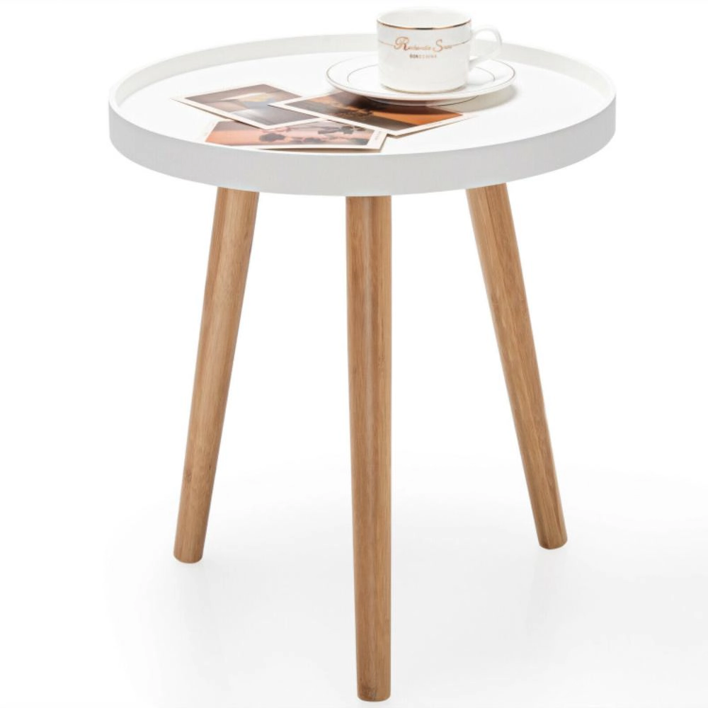 Hivvago Mid-Century Round Coffee Side Table with Detachable Wooden Tray