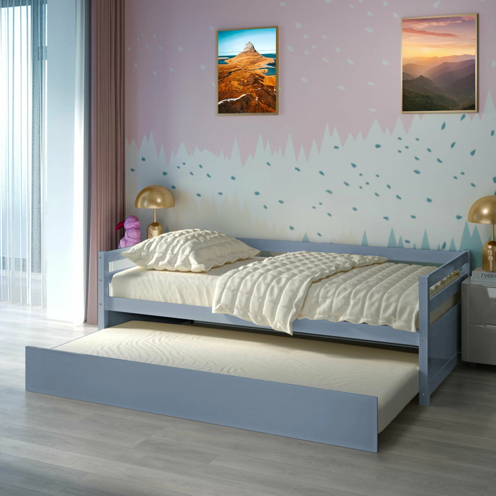 SUGIFT Wooden Slat Support and Roll-Out Trundle Twin Platform Bed Frame