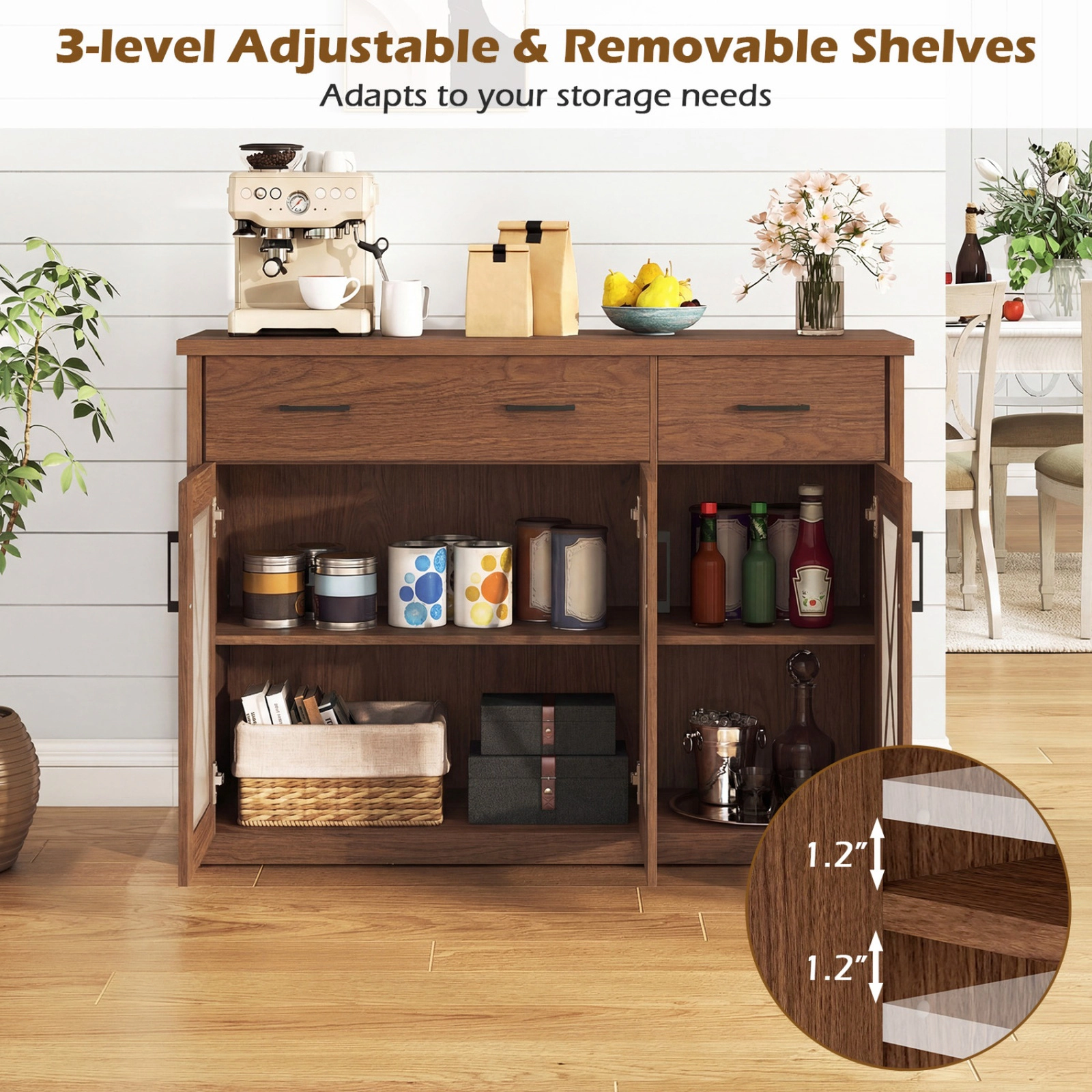 SUGIFT 47-in 132-lb Top 232-lb Total Brown Farmhouse Buffet Sideboard with 3 Barn Doors and 2 Drawers