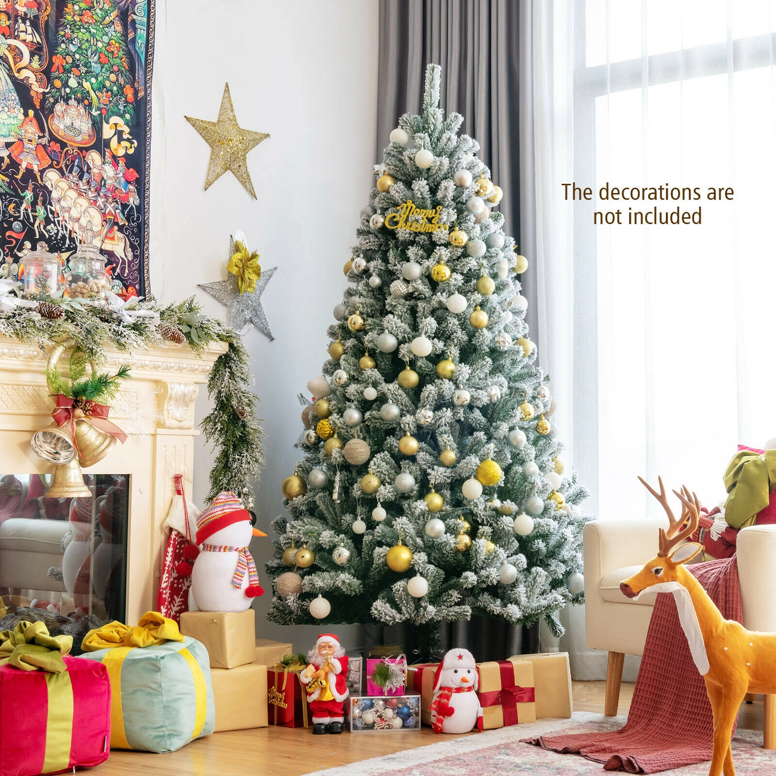 SUGIFT 6 ft Pre-Lit Snow Flocked Christmas Tree with 450 Branch Tips and 250 Warm LED Lights