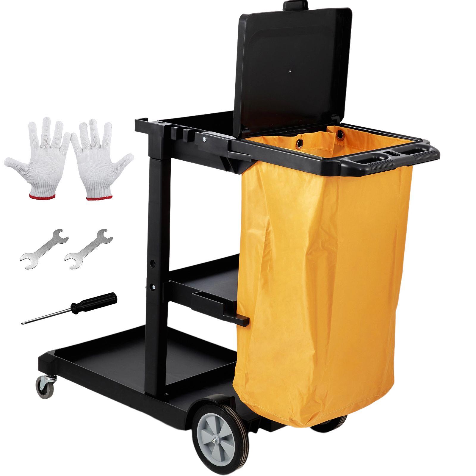 HONGGE 3-Shelf Commercial Cleaning Cart with Covered Trash Bag, 200 lbs Capacity, Rolling Janitorial Cart, Yellow