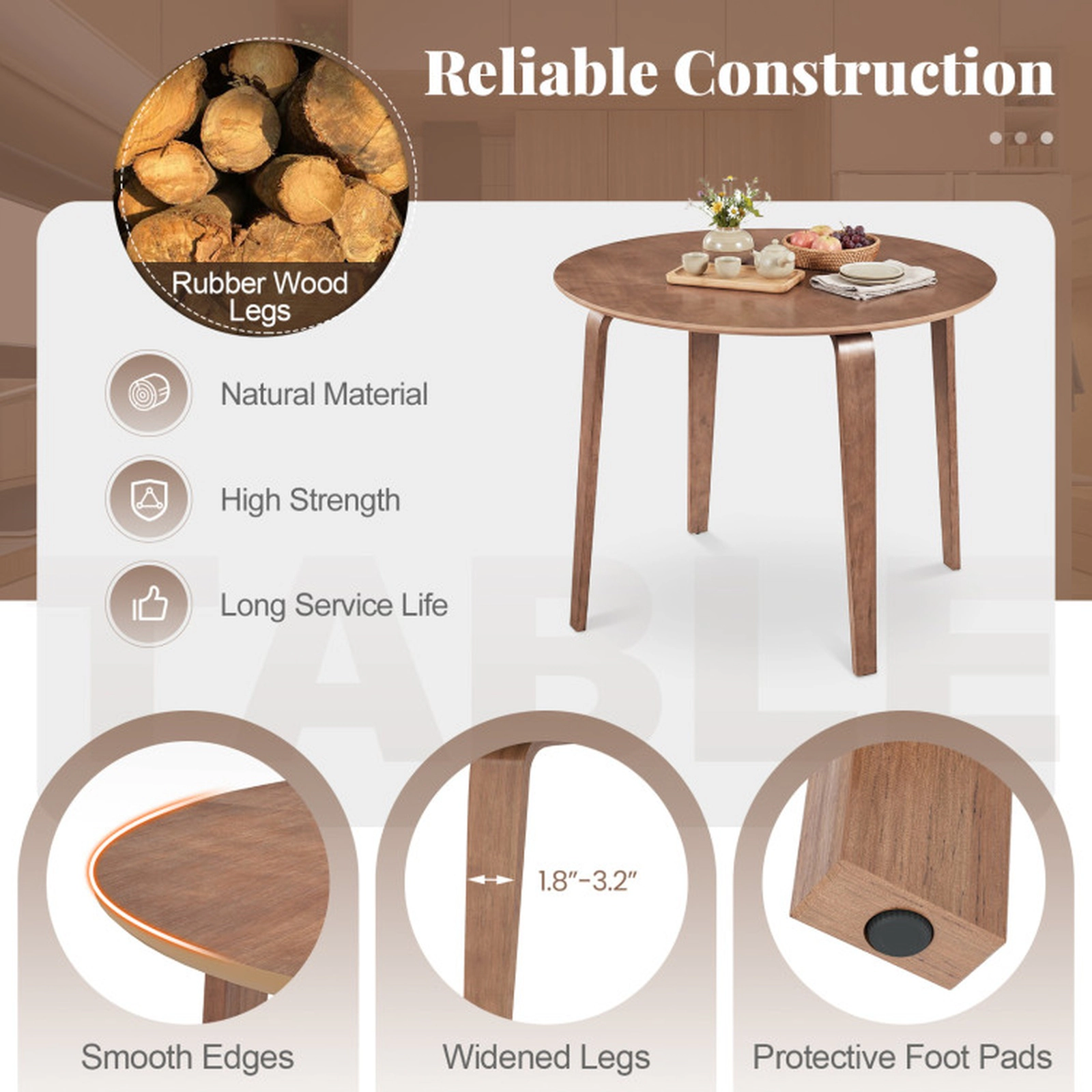 SUGIFT 4-Person Rubber Wood Legs MDF Top Round Small Space Dining Table 37.5-in Dia x 29.5-in H 165-lb Capacity Walnut