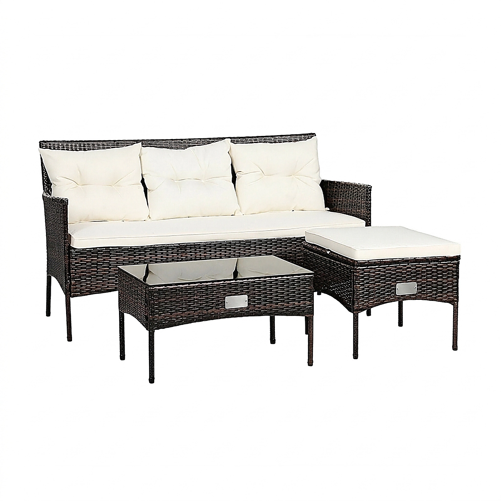 SUGIFT 3-Piece Brown Rattan Patio Sectional Sofa Set with Ottoman and Glass Coffee Table