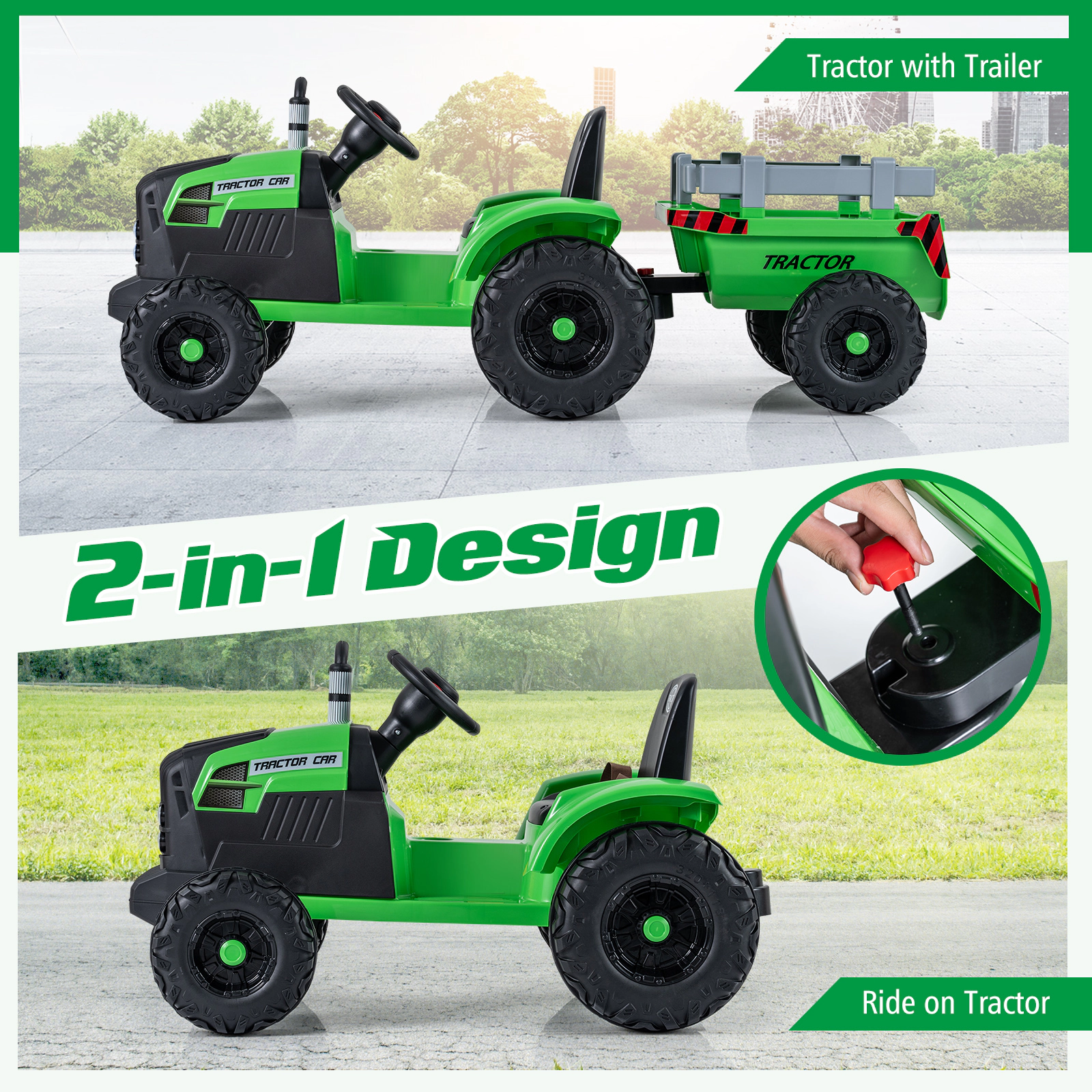 SUGIFT 24V Electric Ride On Tractor with Detachable Trailer and Remote Control 77-lb Capacity Ages 3-8 Green