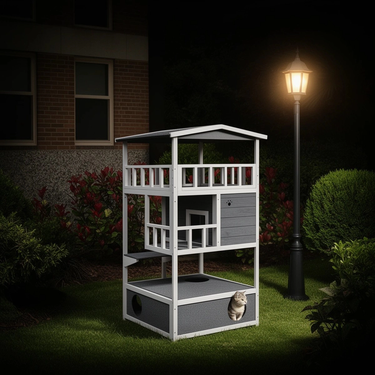 212 Main PawHut Wooden Outdoor Cat House & Feral Cat Shelter Kitten Tree with Asphalt Roof, Gray