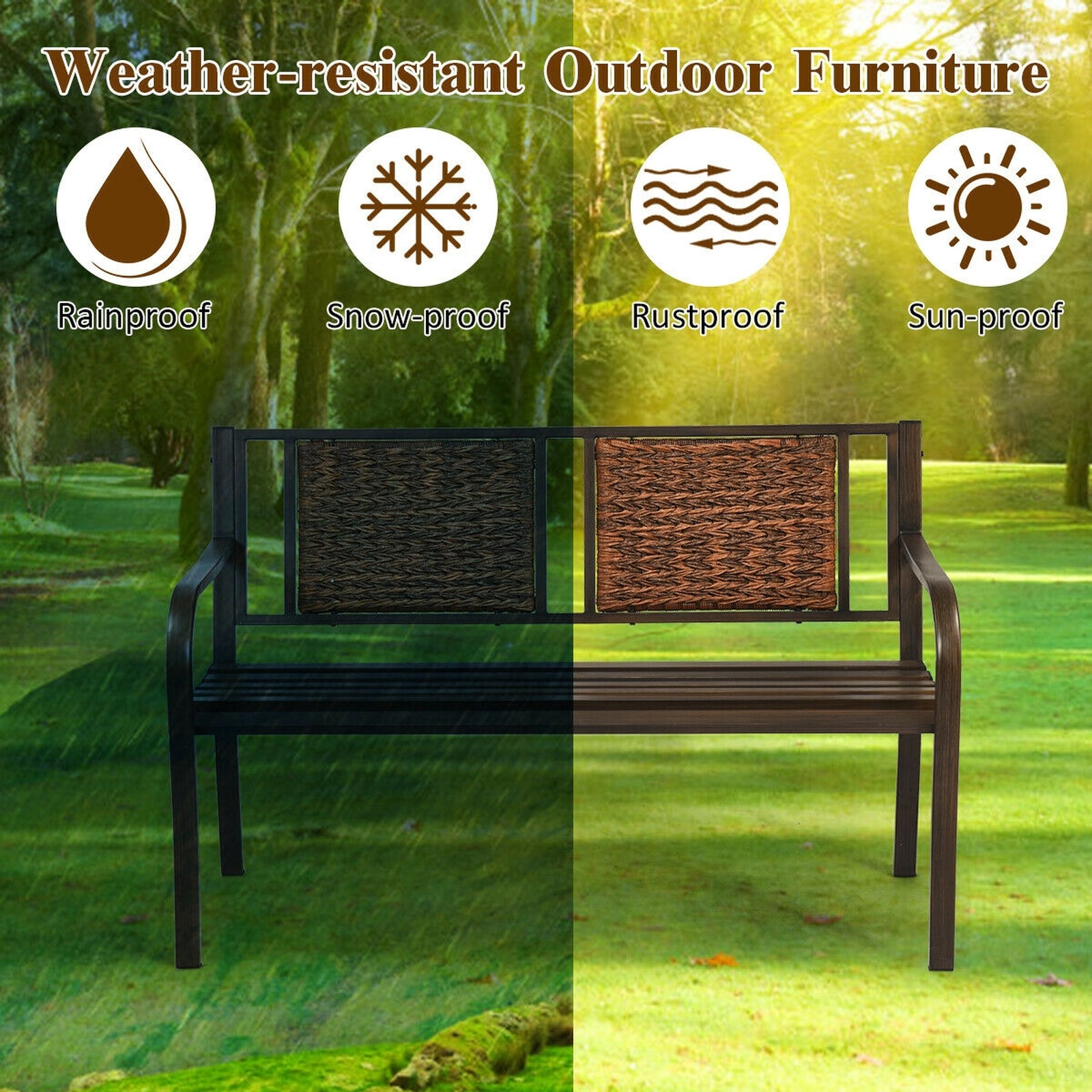 SUGIFT Patio Garden Bench with PE Rattan Back and Powder Coated Steel Frame 500-lb Capacity Bronze