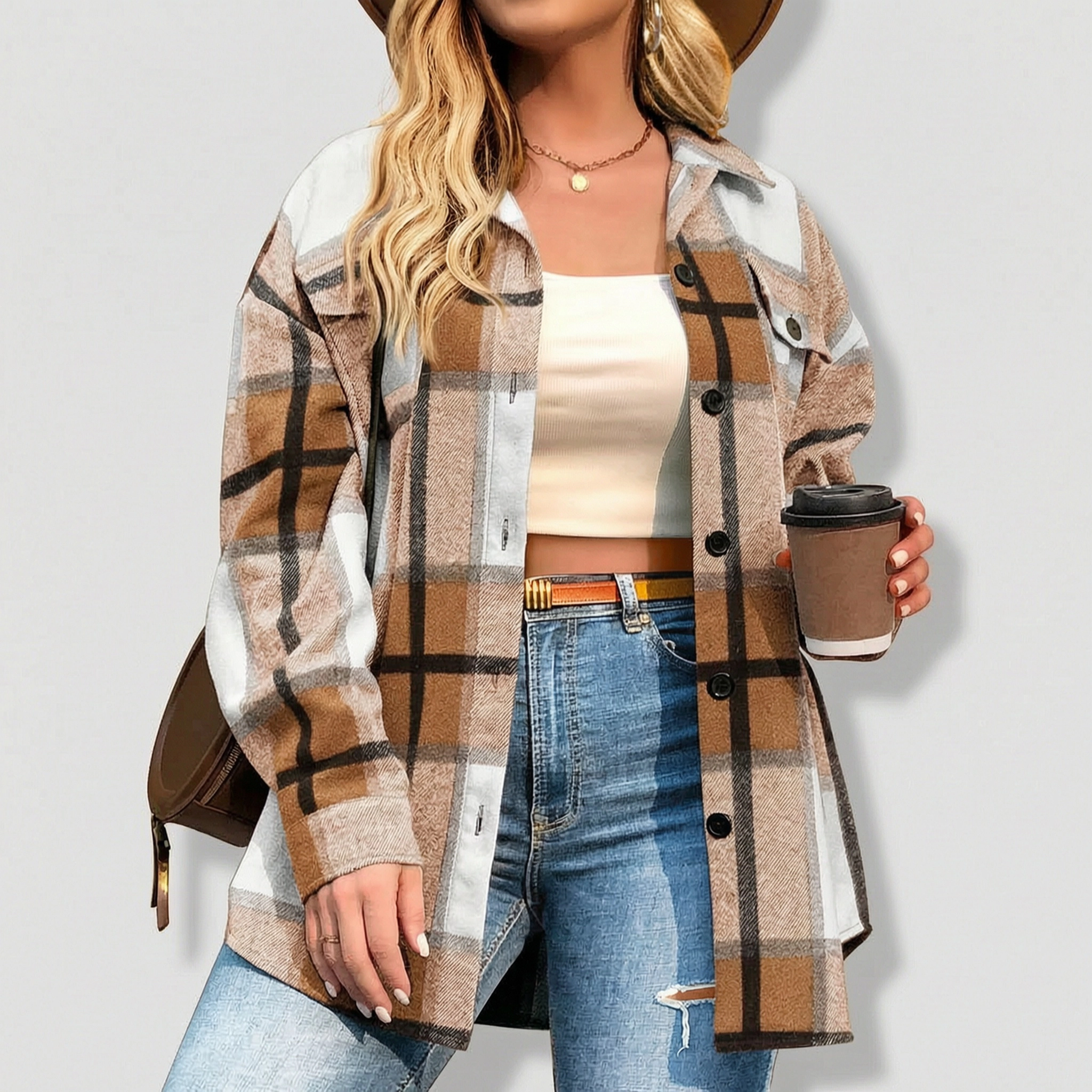 Zeagoo Women's Plus Flannel Plaid Shacket Lapel Button Down Jacket