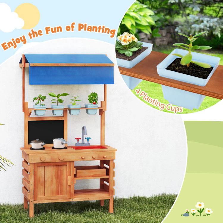 SUGIFT Kids Wooden Pretend Play Mud Kitchen with 9.5-in Adjustable Canopy 4 Planting Cups and Blackboard