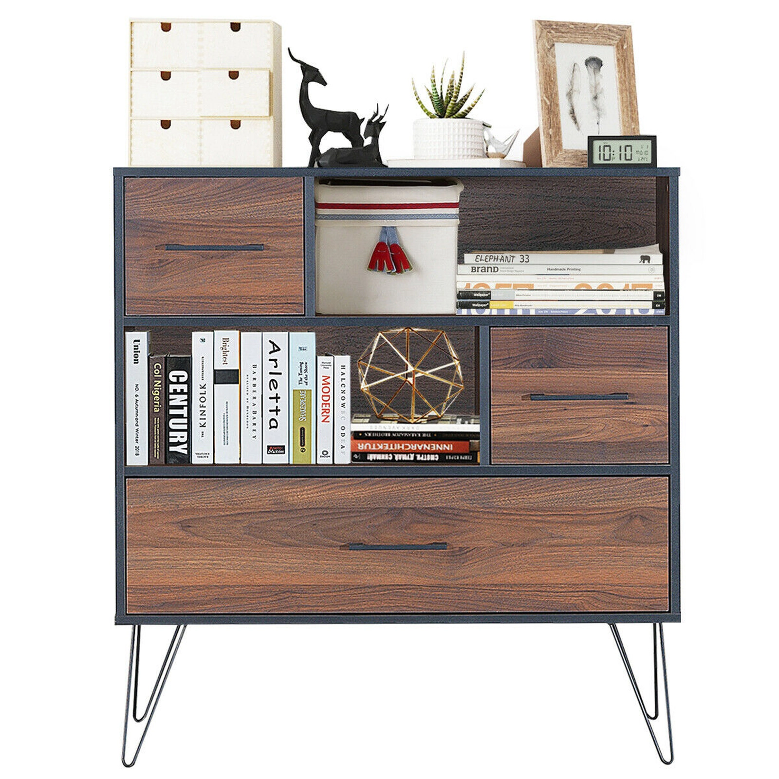 SUGIFT 3-Tier Wood Storage Cabinet Walnut with Drawer 2 Doors and Metal Legs