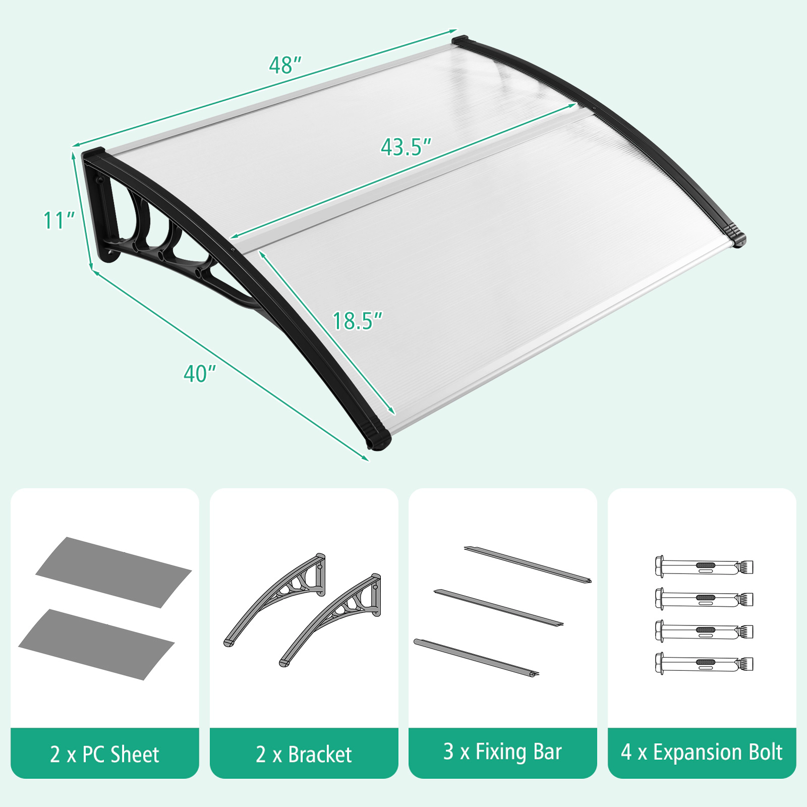 SUGIFT Black 48-in x 40-in Polycarbonate Door Awning Window Canopy Rain Snow Cover with ABS Bracket