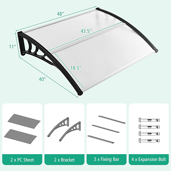 SUGIFT Black 48-in x 40-in Polycarbonate Door Awning Window Canopy Rain Snow Cover with ABS Bracket