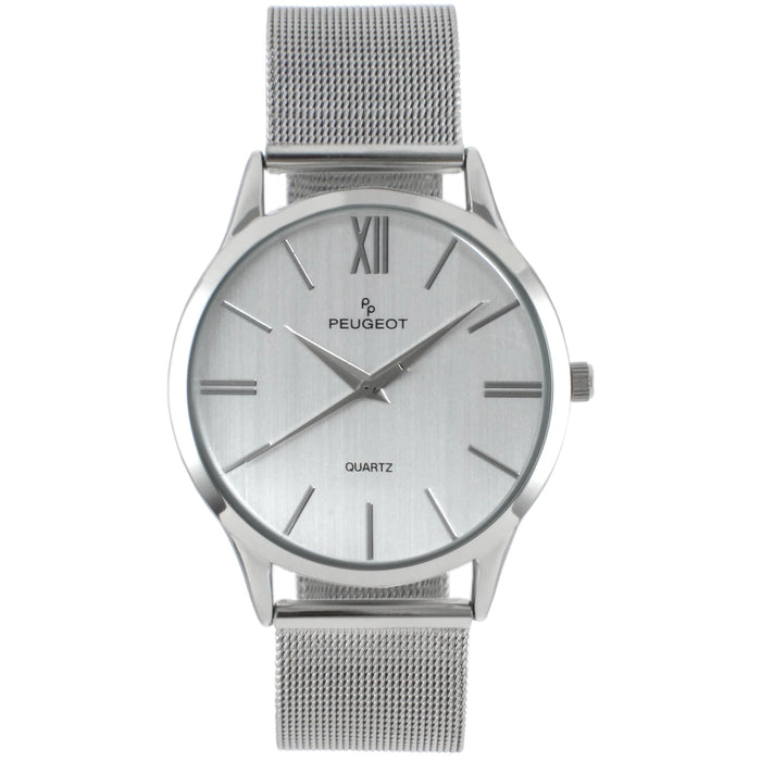 Peugeot Men's 40mm Silver Dial Slim Case Stainless Steel Mesh Watch