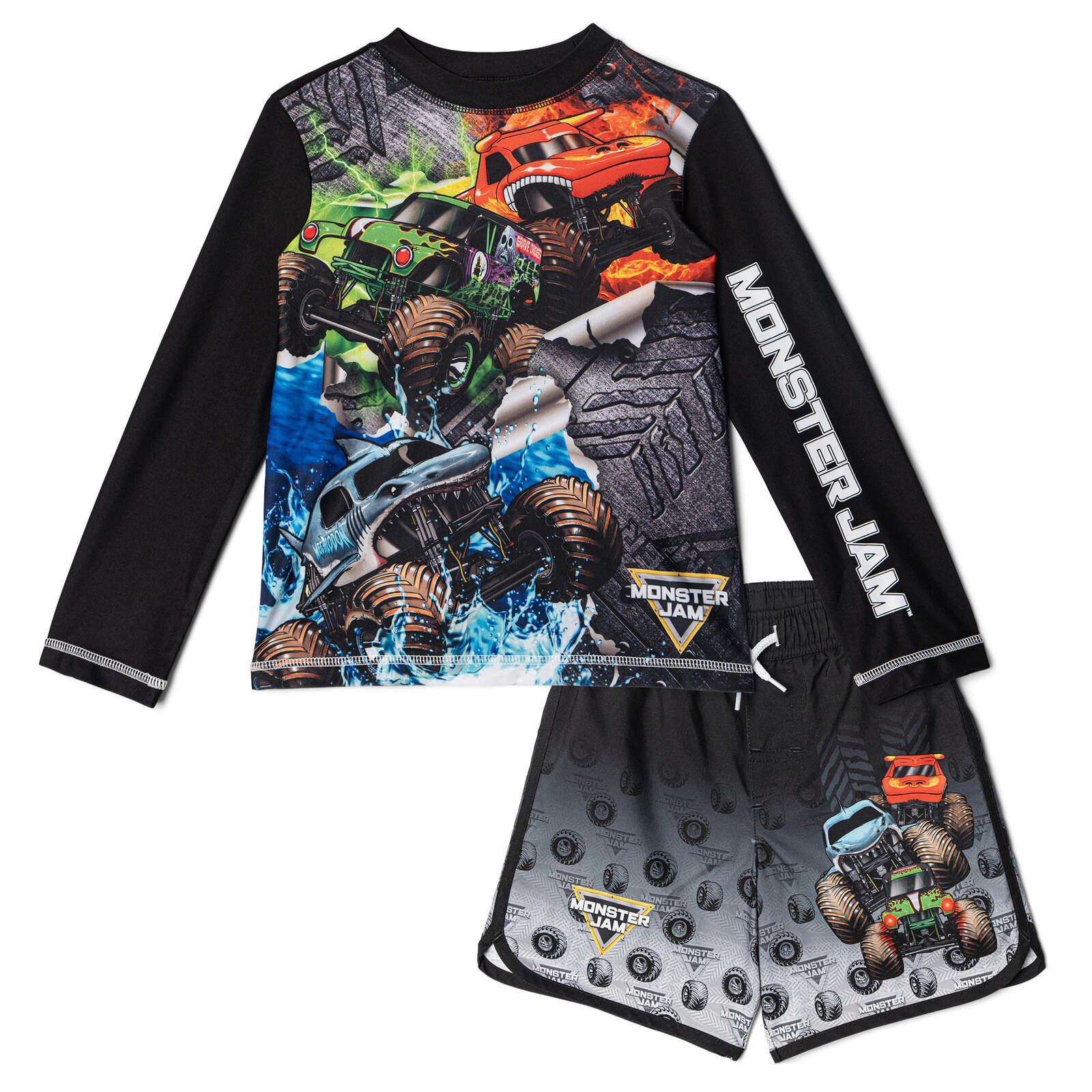 Monster Jam Boys' Long Sleeve Rash Guard and Swim Trunks Set