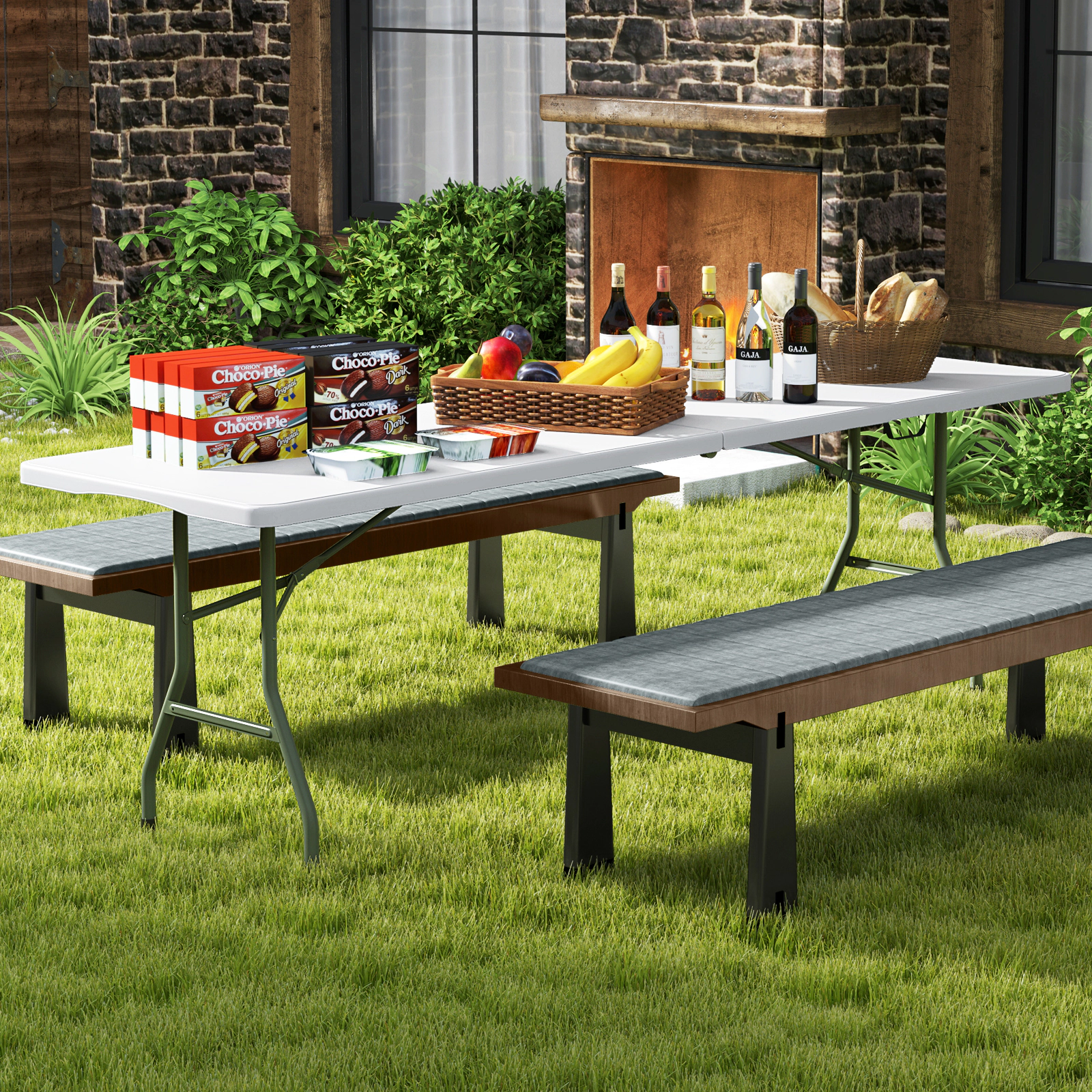 SUGIFT 96.5-in Folding Picnic Table with HDPE Tabletop 350-lb Capacity Fold-in-Half Design 36.5-lb Net Weight White