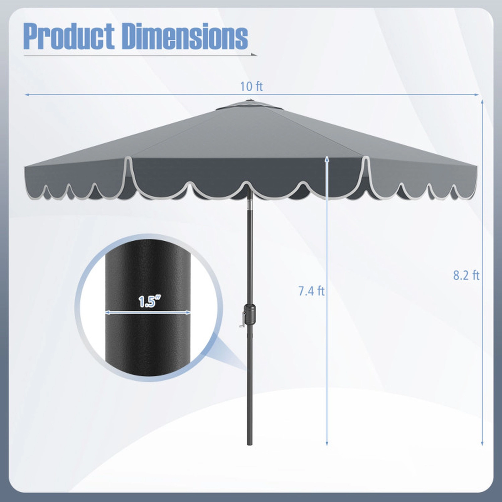 SUGIFT Gray Patio Market Umbrella with Crank Handle Push Button Tilt and Ruffled Edges 10-ft Dia 8.2-ft H