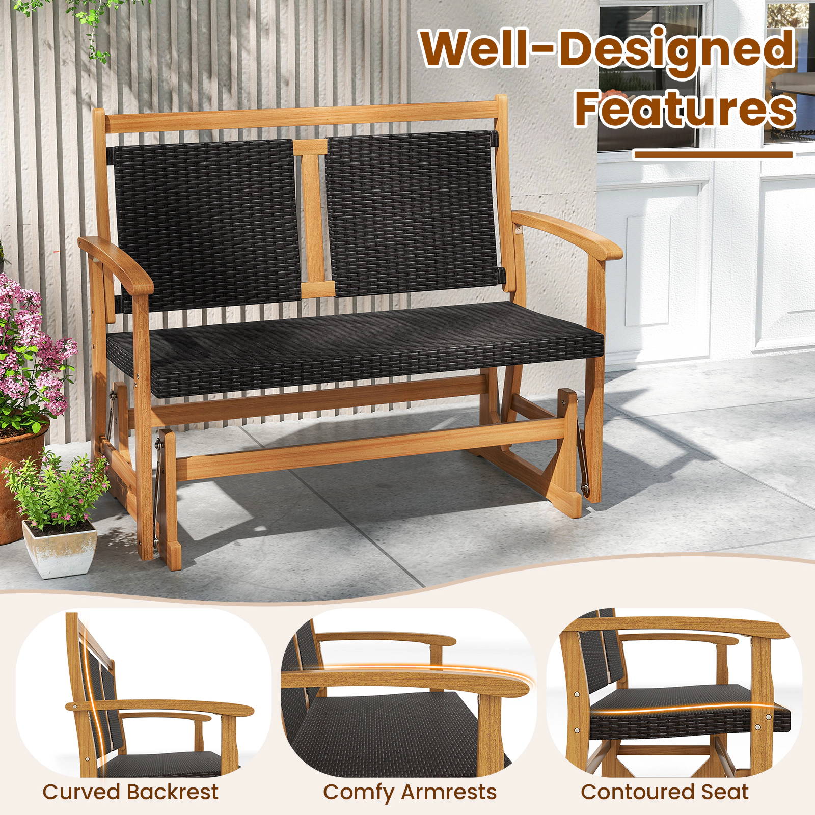 SUGIFT Acacia Wood Frame and Woven Wicker Seat Patio Rattan Glider Chair