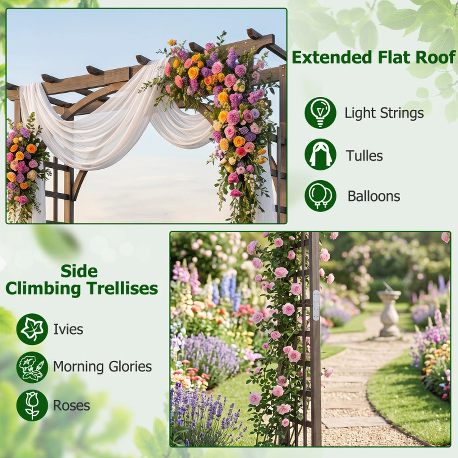 SUGIFT 85-in Flat Top Dark Brown Fir Wood Garden Arch Trellis with 52-in Wide Entry and Metal Connectors