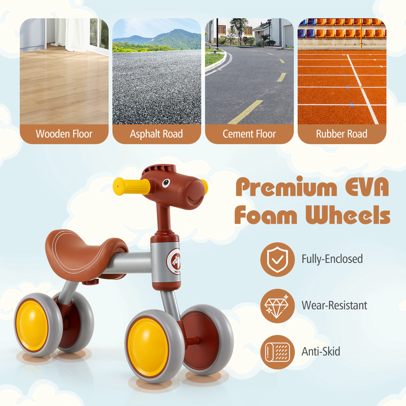 SUGIFT Brown No Pedal 4 Wheel Ride On 135 Degree Limit Steering Baby Balance Bike