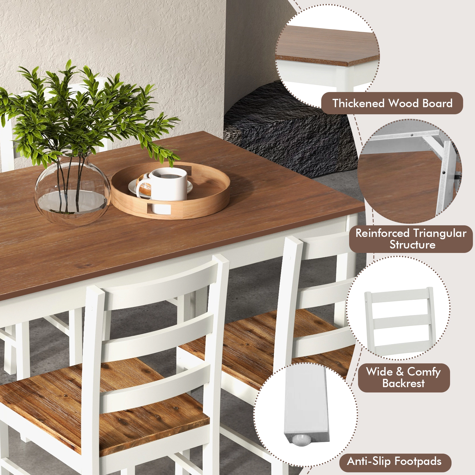 SUGIFT 45 Inch Rectangular Table and 4 High Back Chairs 5-Piece Wooden Dining Set