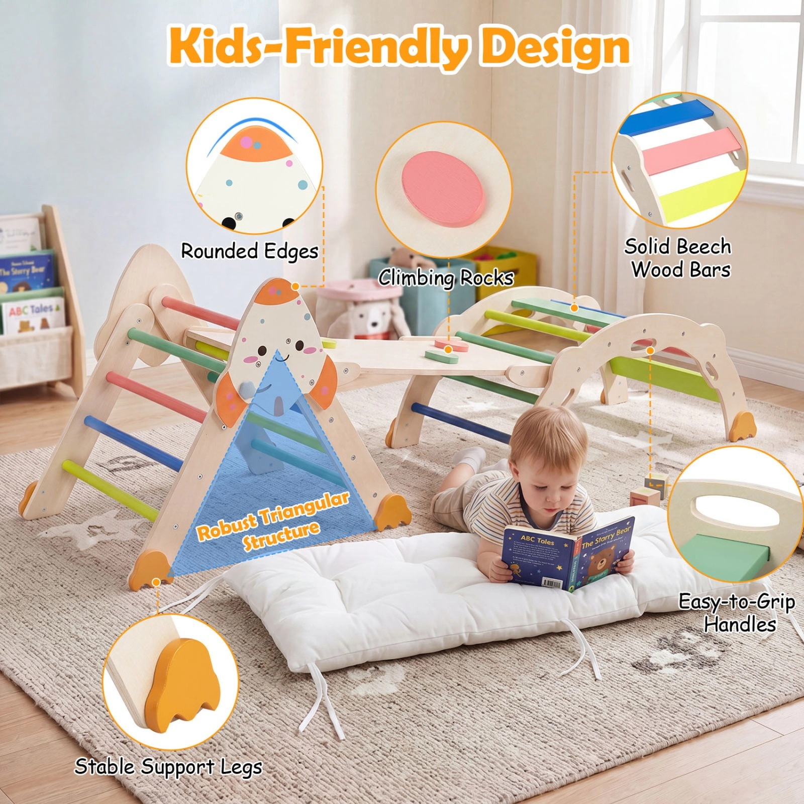8-in-1 Foldable Toddler Climbing Set Rocket Theme Climbing Triangle Arch Balance Bridge Cushion 330-lb Total Ages 1+