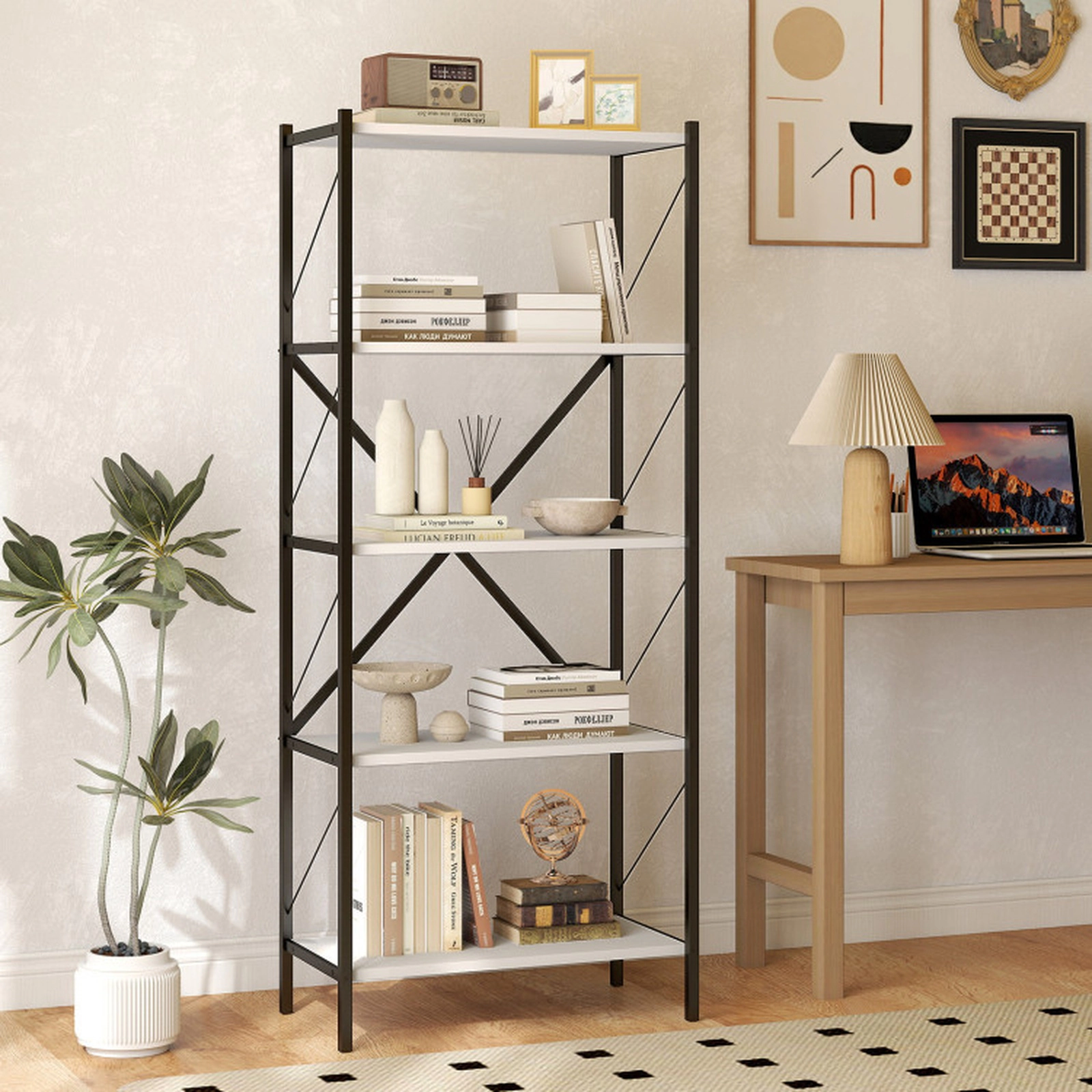SUGIFT 5-Tier White 62-in Tall Industrial Bookshelf with Heavy-Duty Metal Frame and 4-in Clearance