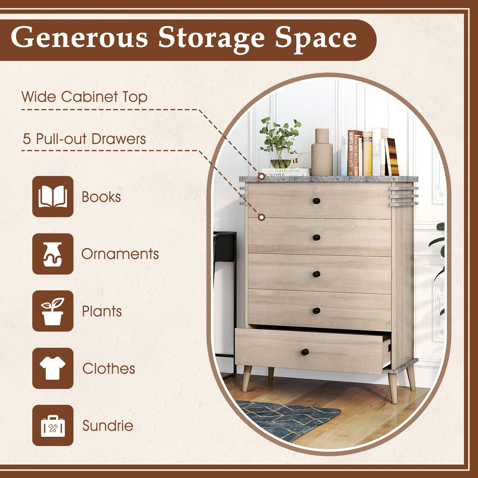 SlickBlue Tall 5-Drawer Bedroom Dresser with Wide Top & Metal Slides