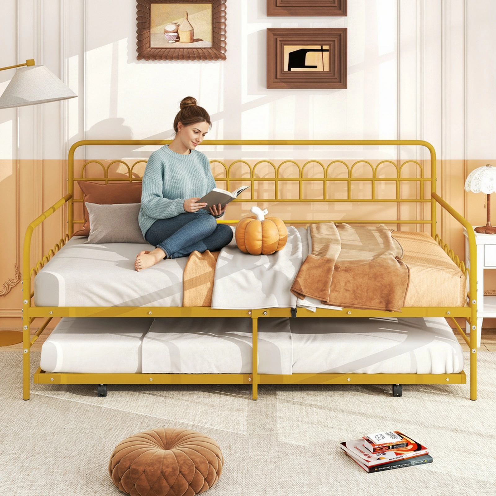 Twin Size Metal Daybed with Trundle Gold Sofa Bed Frame with Curved Backrest Armrests 26 Steel Slats