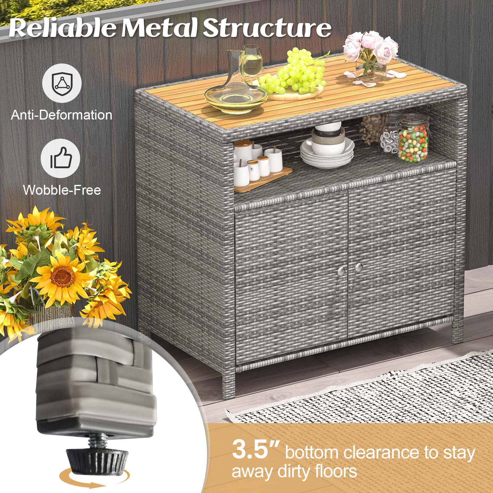 Glintex 35.5-Inch Outdoor Rattan Cabinet with Acacia Wood Countertop, Mixed Gray + Natural