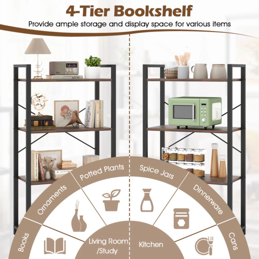 Hivvago 4-Tier Bookshelf with Heavy Duty Metal Frame Industrial Display Shelf-Rustic Brown