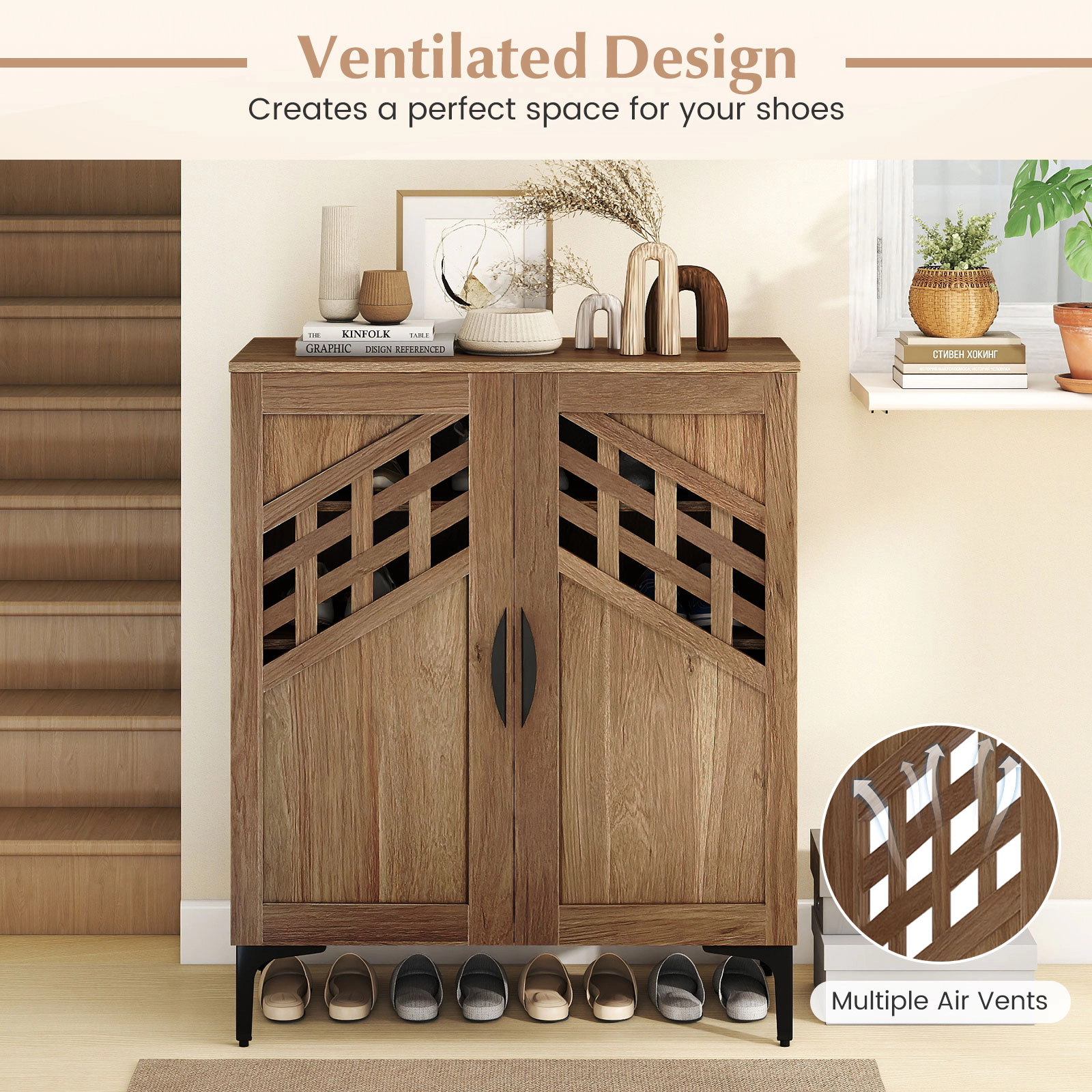 SUGIFT 4 Tier Farmhouse Shoe Storage Cabinet with Removable Shelves and Metal Legs 180-lb Capacity Walnut