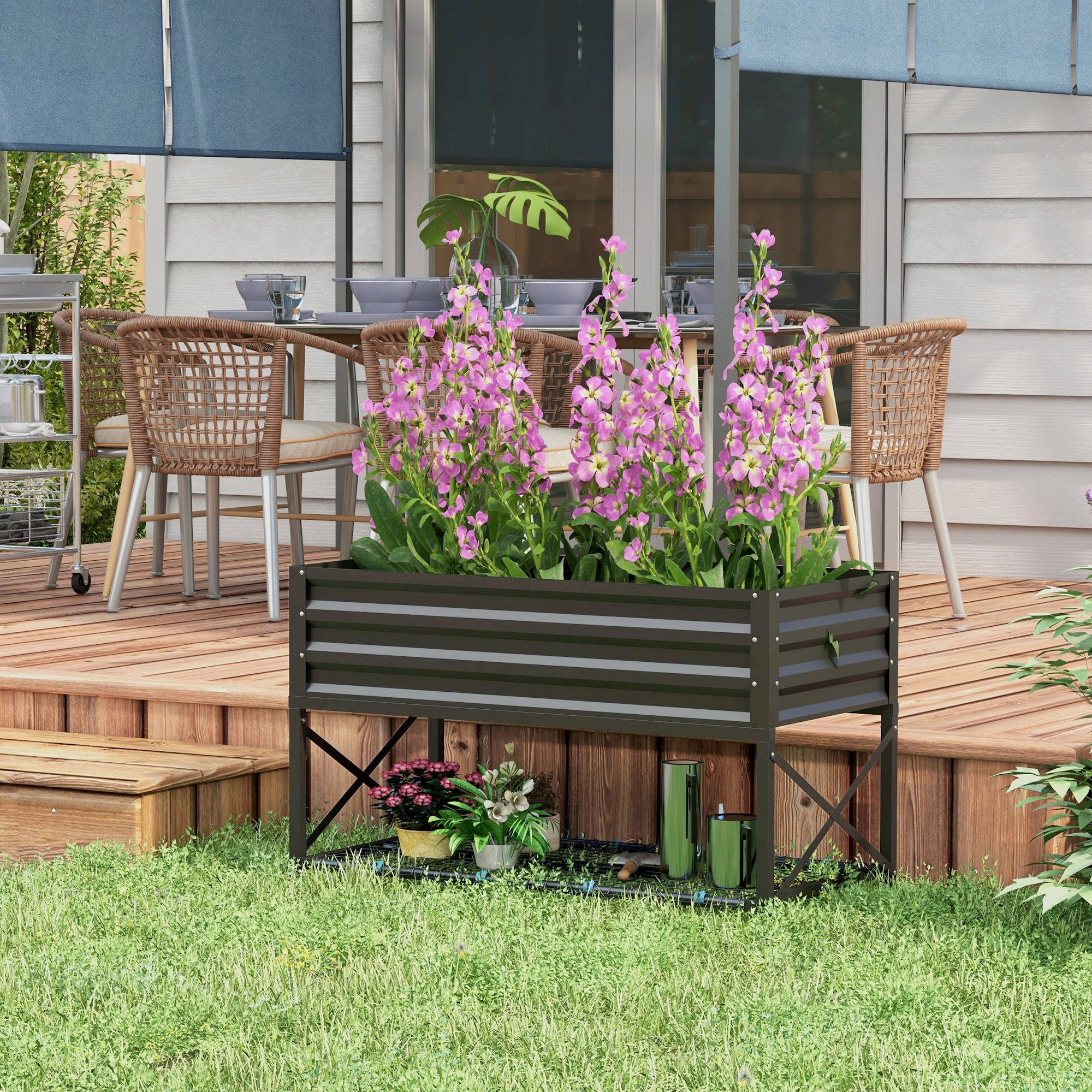 HONGGE Galvanized Raised Garden Bed, Metal Planter Box with Legs, Storage Shelf and Bed Liner