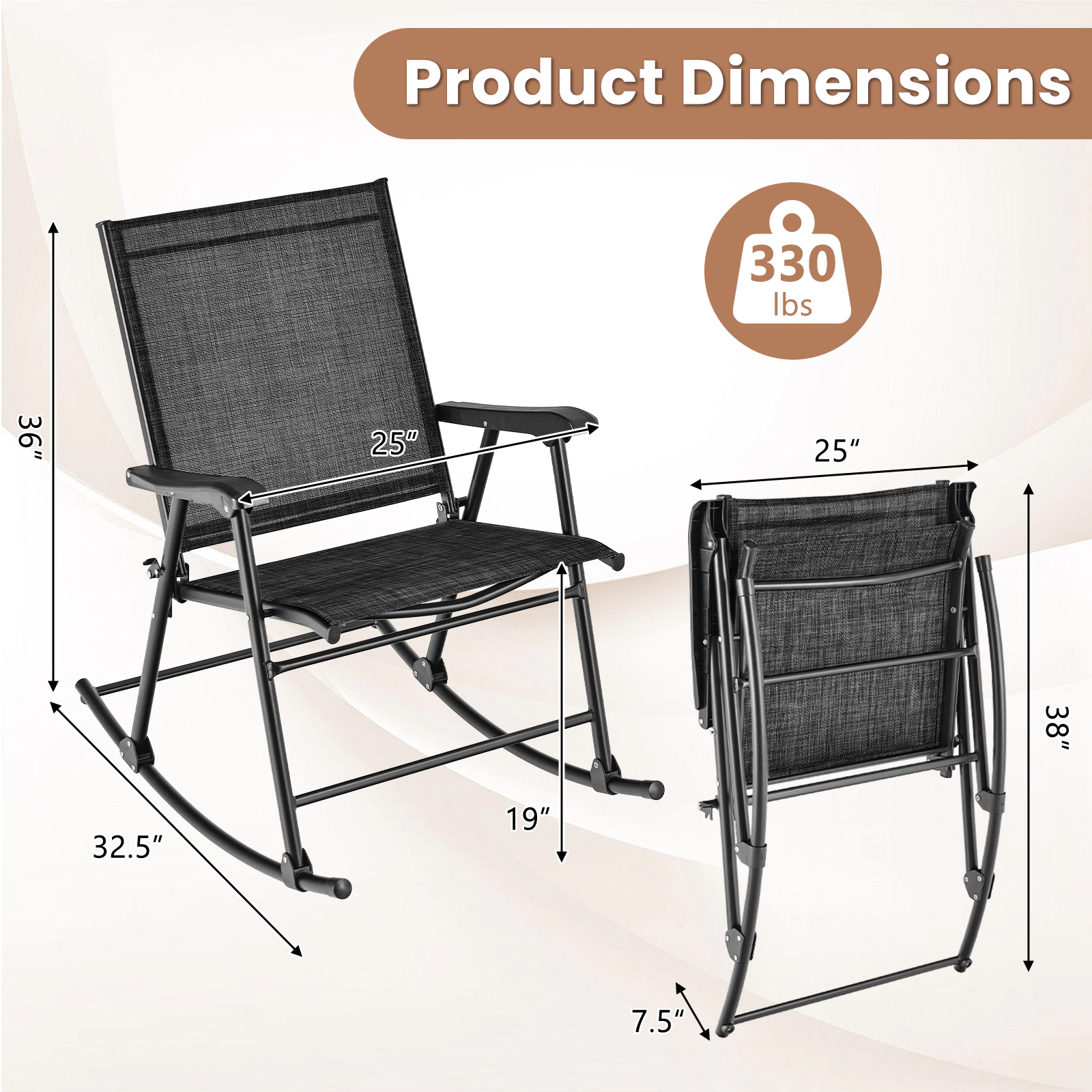SUGIFT Set of 2 Folding Metal Outdoor Rocking Chairs with Sling Seats