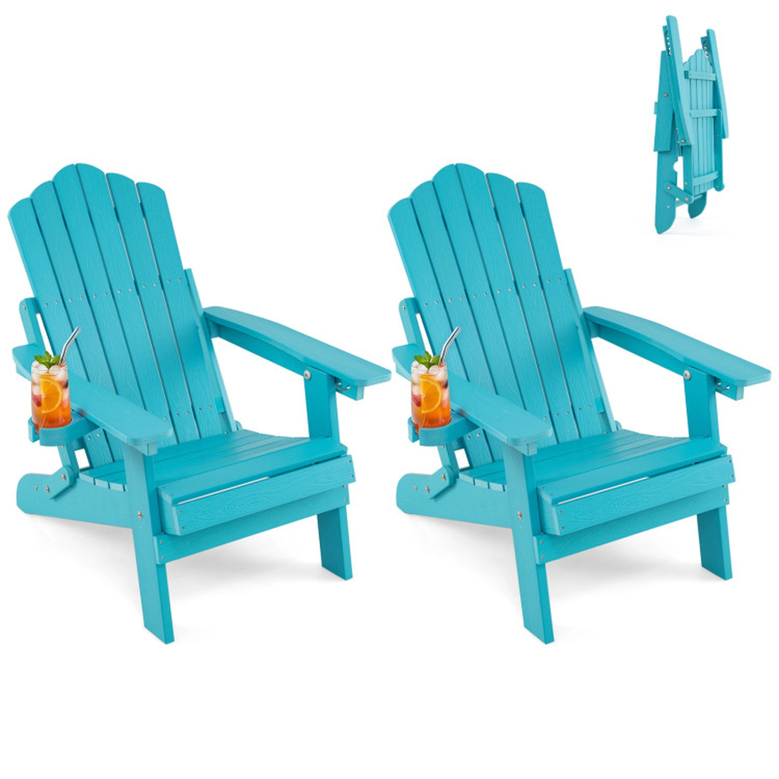 SUGIFT Set of 2 330-lb Capacity Turquoise 5-Level Reclining Folding HIPS Adirondack Chairs with Swivel Cup Holder
