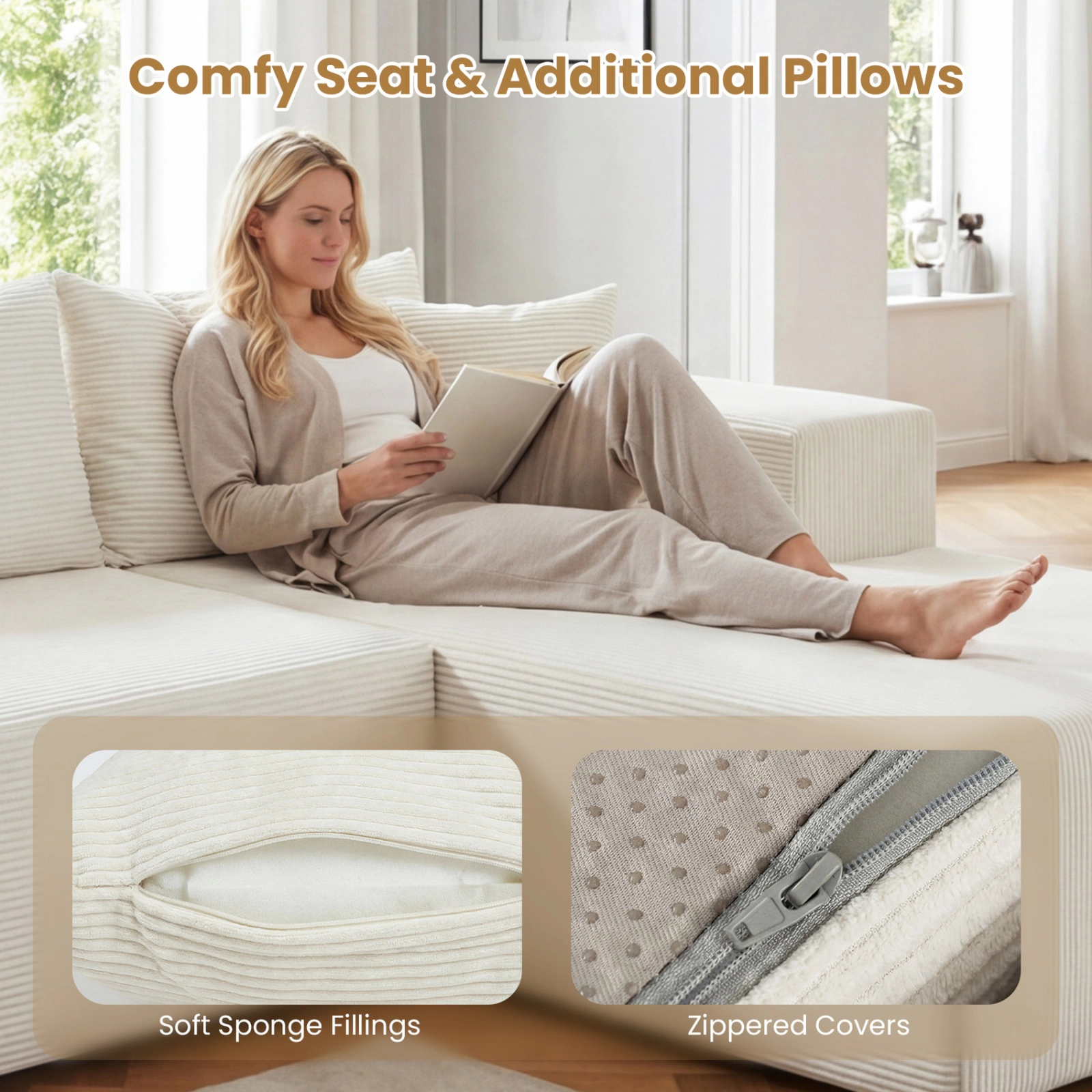 SUGIFT Modular Sectional Sofa Corduroy L-Shaped Couch with Deep Seats and Side Pillows