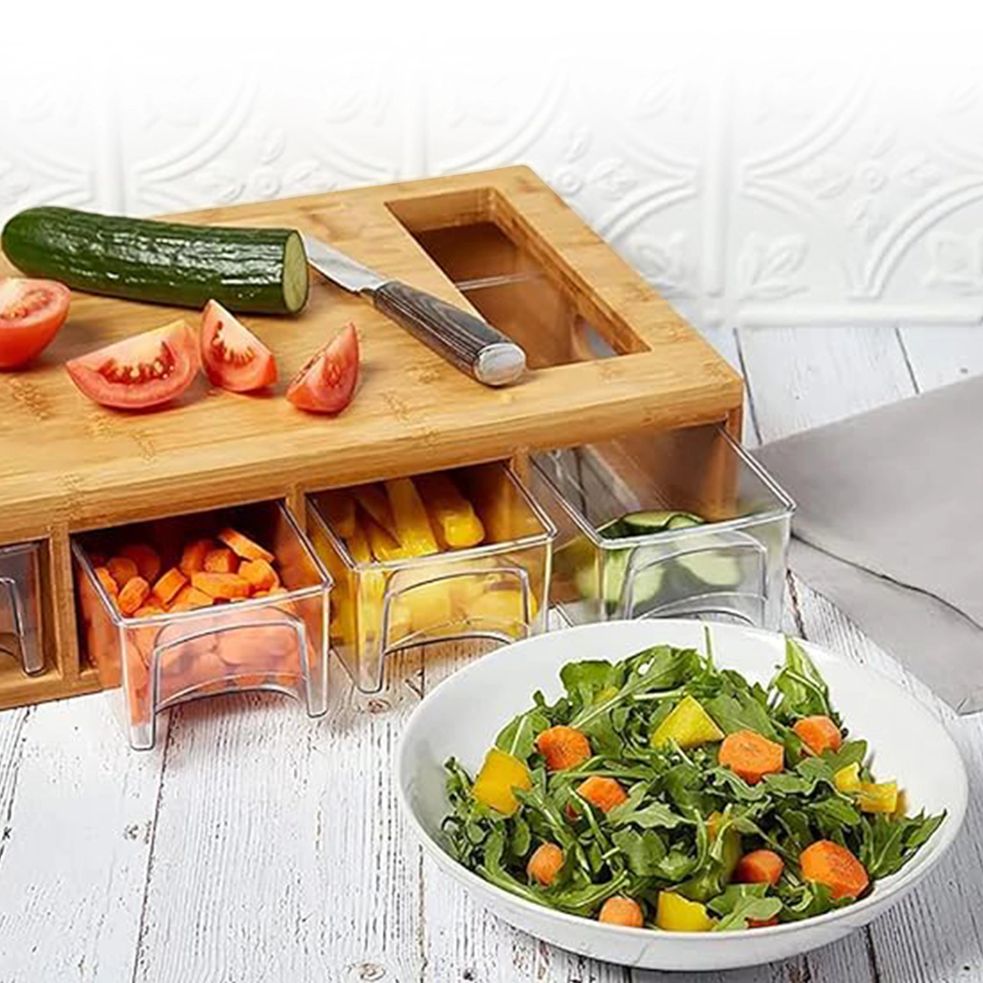 Cheer Collection Bamboo Cutting Board with 4 Removable Prep Trays, Juice Groove and Handles