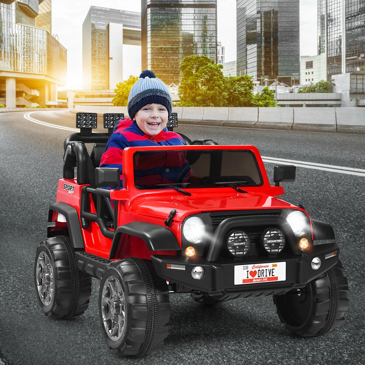 SUGIFT Red Remote Control Storage Box and Safety Belts 12V 2-Seater Kids Ride On Truck