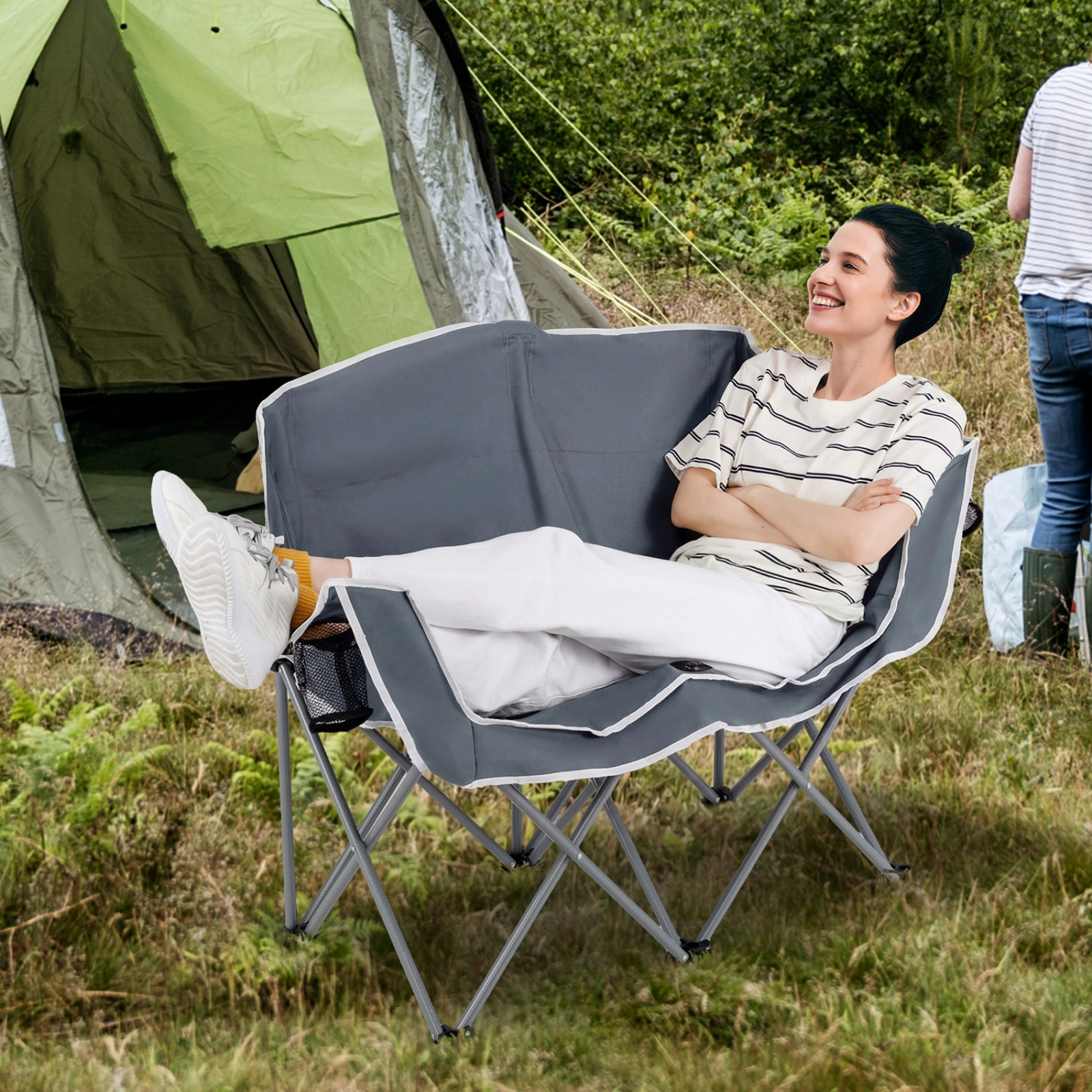 SUGIFT Gray Steel Double Camping Loveseat, 660-lb Capacity, 2 Cup Holders