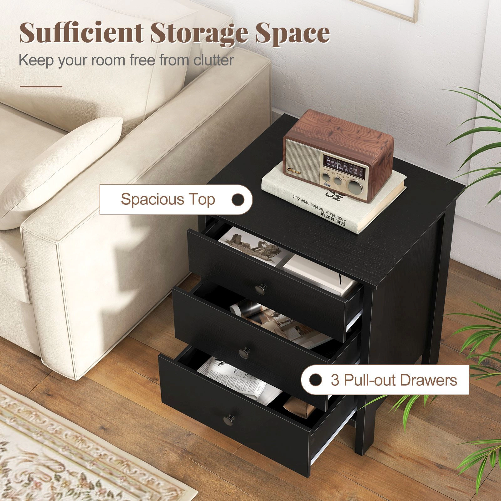SlickBlue Modern 3-Drawer Bedside Table with Storage and Smooth Slides
