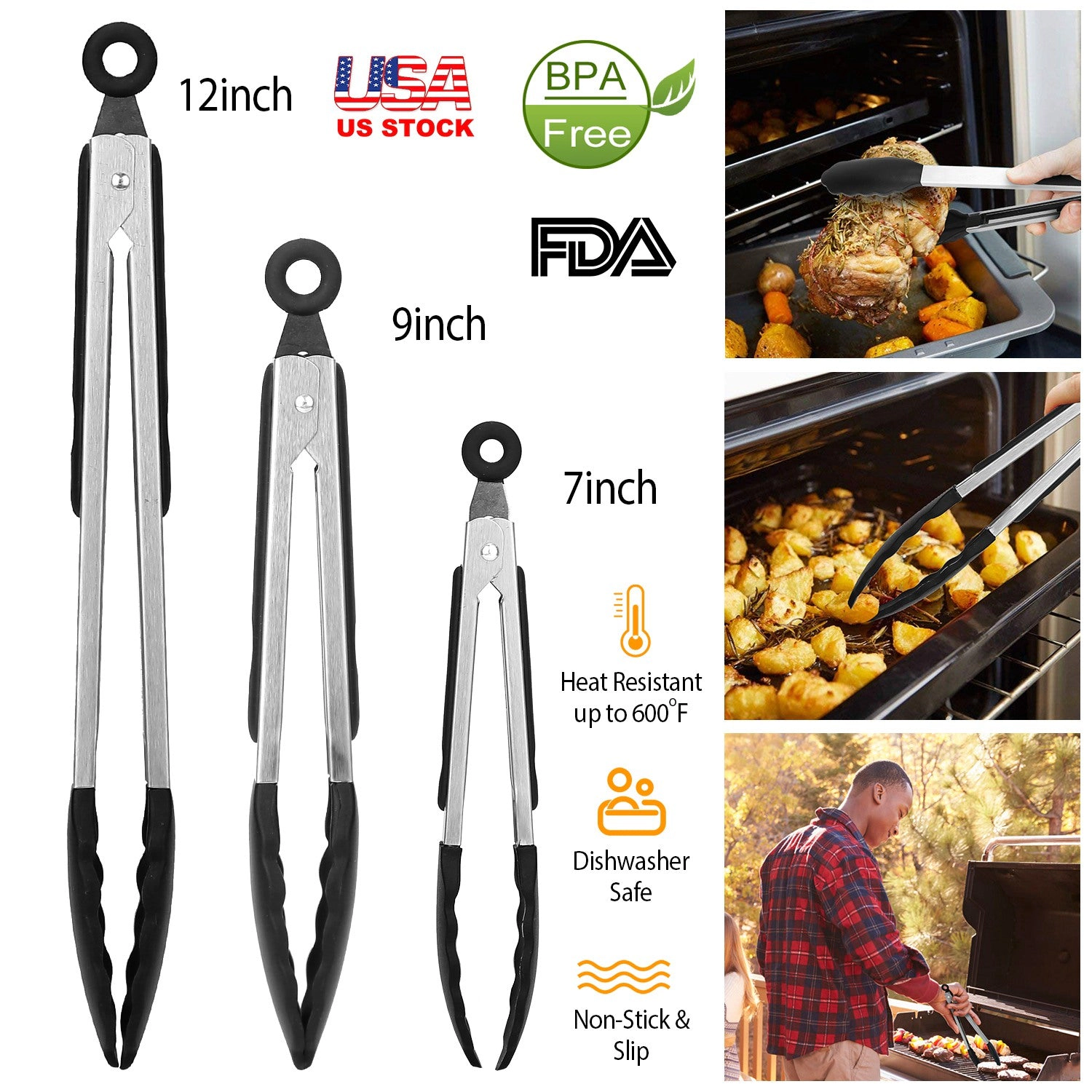 GBruno 3-Piece Stainless Steel Kitchen Tongs