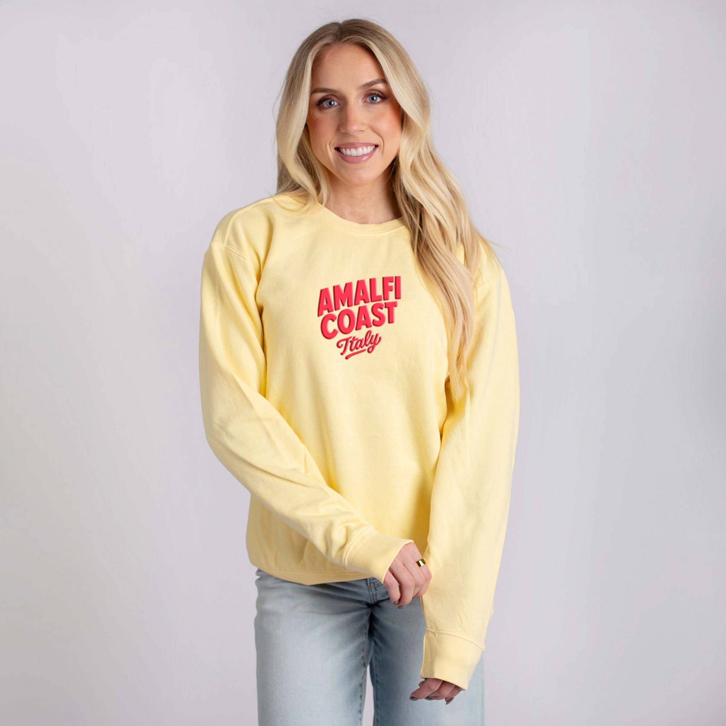 Simply Sage Market - Women's Lightweight Garment Dyed Sweatshirt Amalfi Coast Vibrant Puff Print